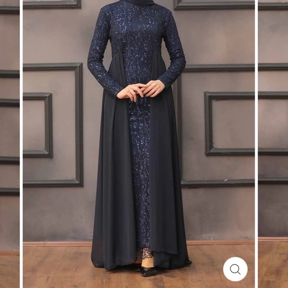 Blue Sequin Long Sleeve Mock Neck Gown - Picture 1 of 3